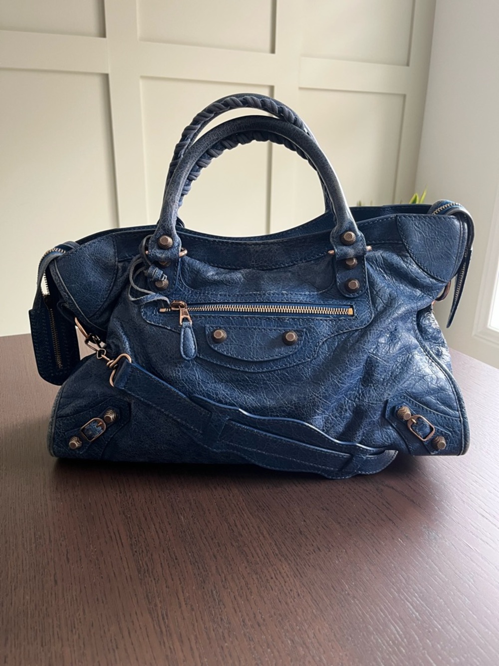 Balenciaga Bleu Cobalt Lambskin Leather Giant 12 Rose Gold Motorcycle City Bag